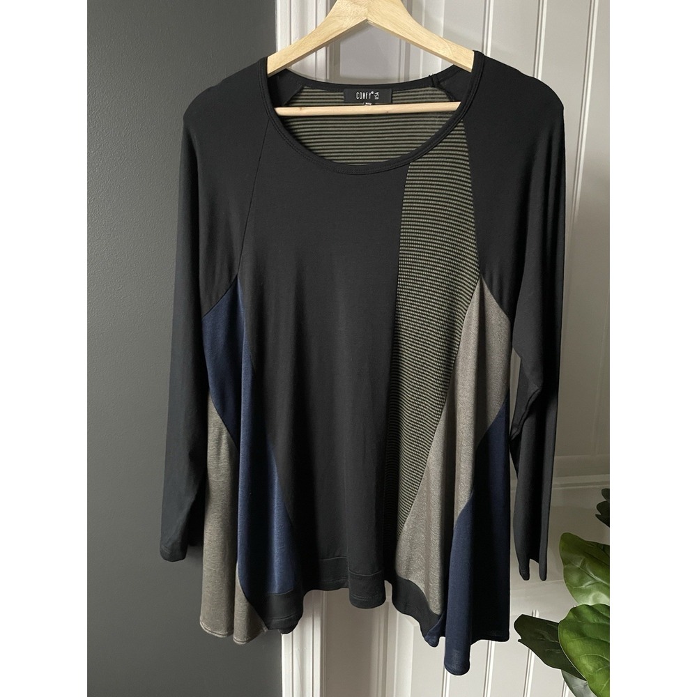 Comfy USA Colorblock Knit Tunic Long Sleeve Indie Black Gray Navy Size M
